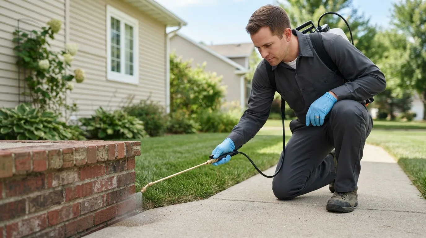 Pest control technician treating a home near Hollins, AL