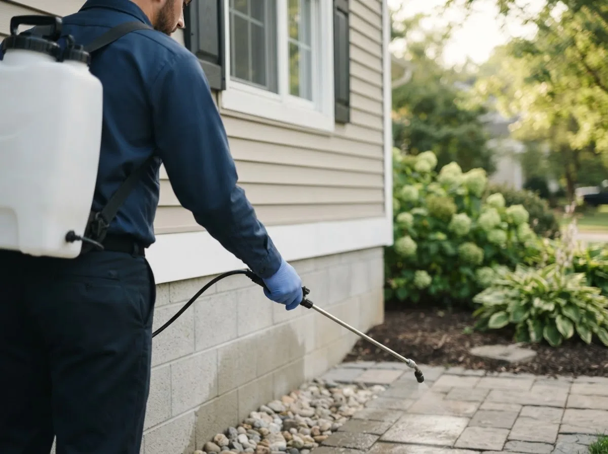 Pest control technician inspecting a home in Hollins, AL
